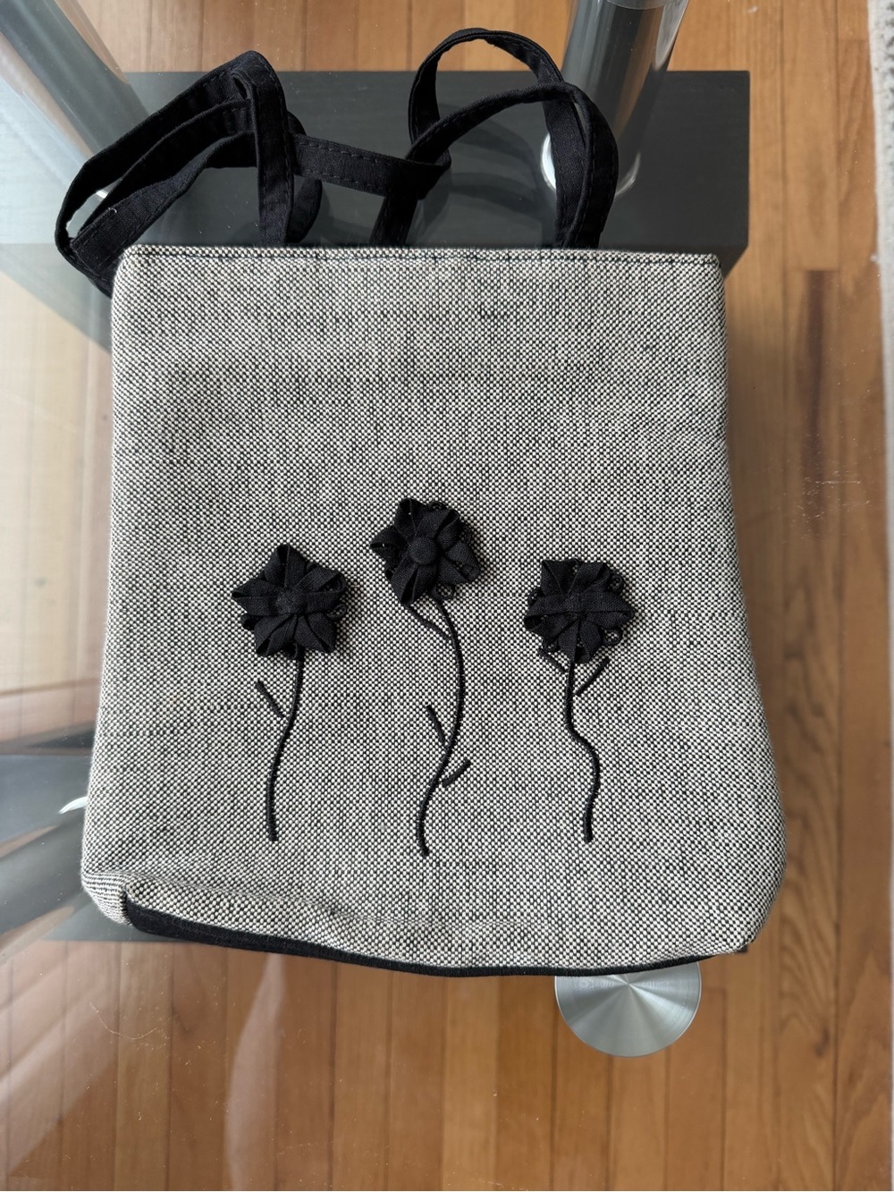 Women's Gray Canvas Tote with Black Floral Appliqué